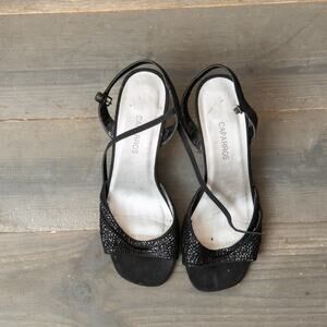 Caparro's Black Sequin Crystal Heels Sz 6.5B 3 inch Heel Open Toe